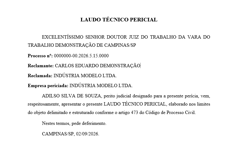 Primeira página do laudo técnico pericial demonstrativo